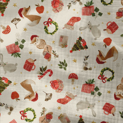 Printed Double Gauze GOUPIX Ecru / Red